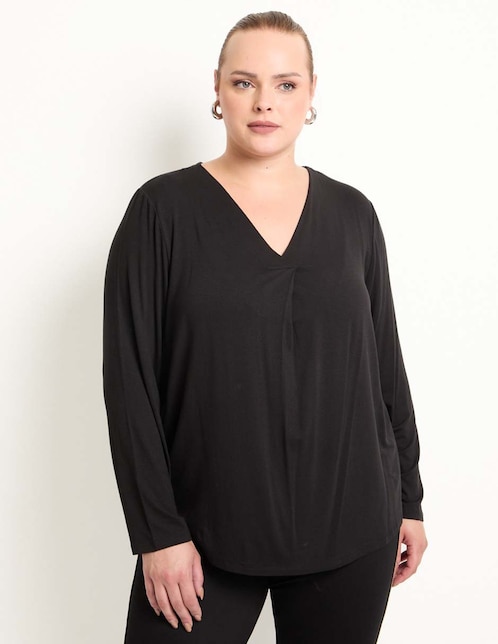 Playera manga larga cuello V para mujer 1