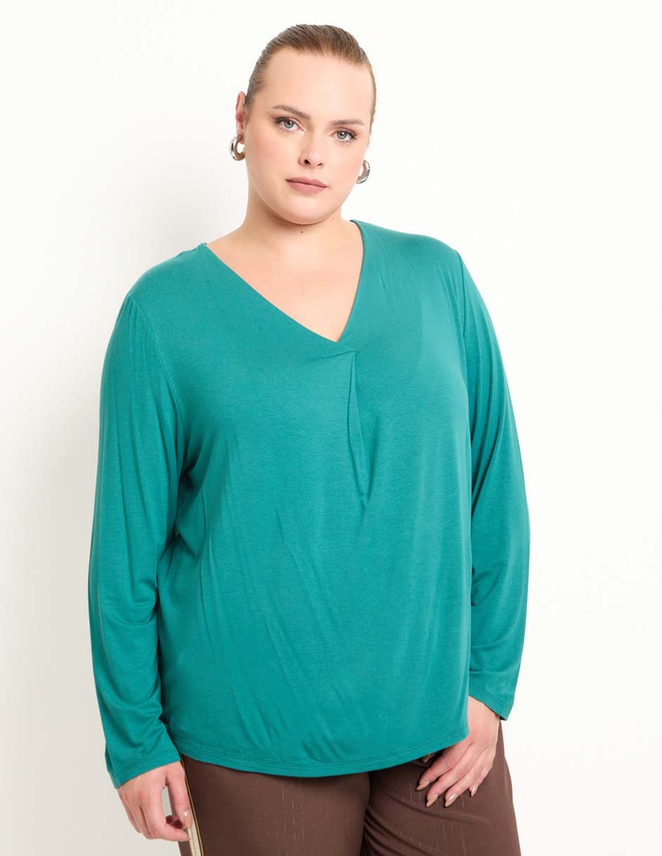 Playera manga larga cuello V para mujer