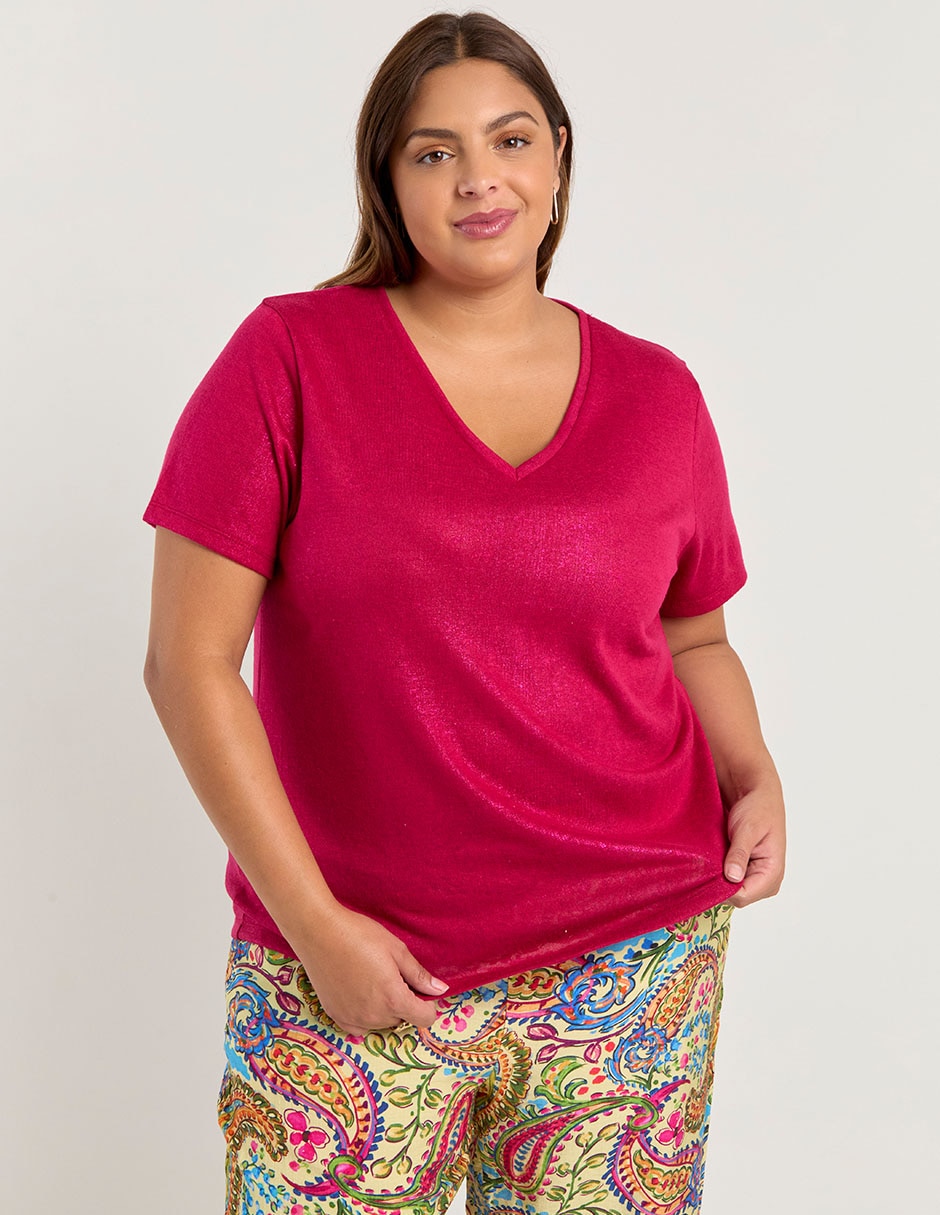 Playera manga corta cuello V para mujer